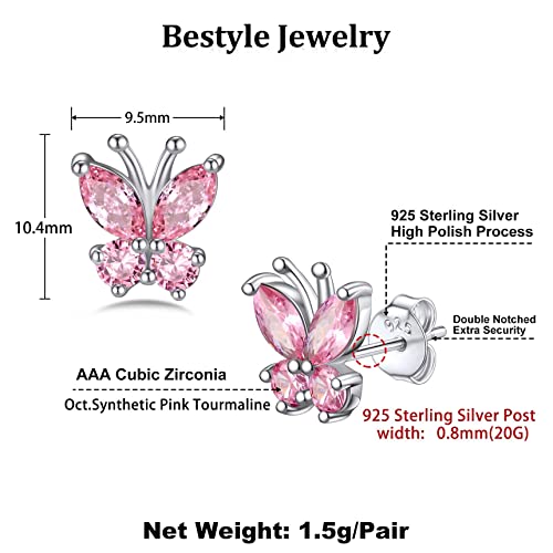 Bestyle Gold Butterfly Earrings for Women, Dainty Cute Birthstone Studs Hypoallergenic Jewelry, Great Birthday Gift - style: 10.October (Tourmaline)-STUD