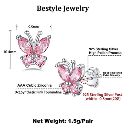 Bestyle Gold Butterfly Earrings for Women, Dainty Cute Birthstone Studs Hypoallergenic Jewelry, Great Birthday Gift - style: 10.October (Tourmaline)-STUD