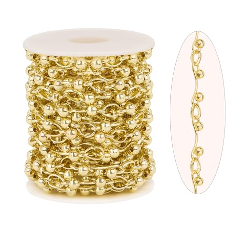KYUNHOO 16.4FT Bulk Gold Chain for Crafting Charm DIY Jewelry Supplies | Gold Plated Jewelry Links Iron Metal Chains Bulk Light Beaded Chain for Handcrafts - color: Bead Gold