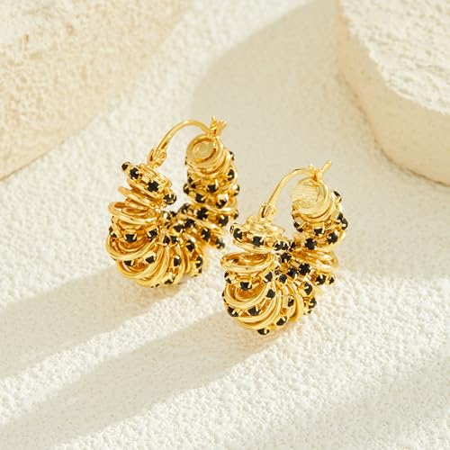 Statement Earrings for Women | Chunky Gold Hoops Rhinestone Thick Hoop Earrings 14K Gold Plated Hypoallergenic - color: Gold-Black
