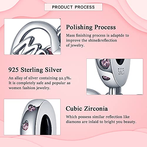 925 Sterling Silver Charms for Bracelets Necklaces Dangle Pendant With 5A Cubic Zirconias Bead Charm for Women DIY Jewelry - style: Pink Heart LOVE MOM Charm