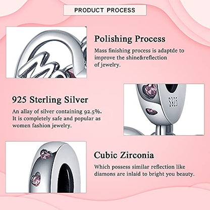 925 Sterling Silver Charms for Bracelets Necklaces Dangle Pendant With 5A Cubic Zirconias Bead Charm for Women DIY Jewelry - style: Pink Heart LOVE MOM Charm