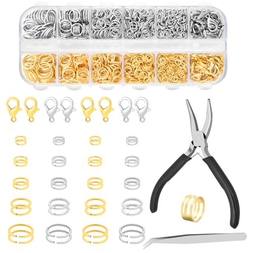 1200pcs Jump Rings for Jewelry Making Supplies, Bracelet Kit, Silver & Gold | Necklace Repair Kit with Jewelry Pliers & Jump Ring for Keychain, Charm Necklace, 5 Different Size Ring & 12mm Lobster Clip - color: 1200Pcs Gold and Silver