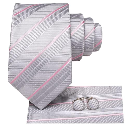 Dubulle Mens Paisley Striped Tie Woven Necktie for Men and Handkerchief Cufflinks Set Wedding Formal Business - color: B Grey Pink