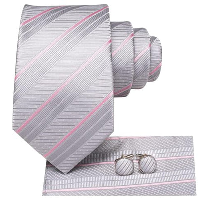 Dubulle Mens Paisley Striped Tie Woven Necktie for Men and Handkerchief Cufflinks Set Wedding Formal Business - color: B Grey Pink