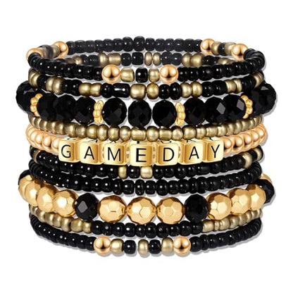 ZOLEAROPY Game Day Bracelets Stack Football Bracelets for Women Men Stackable Game day Bracelet Accessories Football Mom Outfit Jewelry Gifts - color: black gold