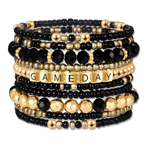 ZOLEAROPY Game Day Bracelets Stack Football Bracelets for Women Men Stackable Game day Bracelet Accessories Football Mom Outfit Jewelry Gifts - color: black gold