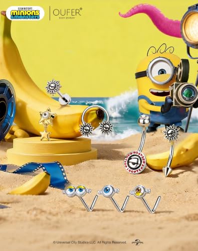 OUFER | Minions 16g Internally Threaded Eyebrow Piercing Jewelry | 316L Surgical Steel Minions Eye Sun Rook Earrings with 8mm Bar, Punk Design Helix Lip Piercing Jewelry for Women Men