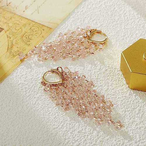 Fringe Hoop Dangle Earrings, Long Beads Tassel Chain Earrings for Women Sparkly Chandelier Earrings - color: Lt Pink