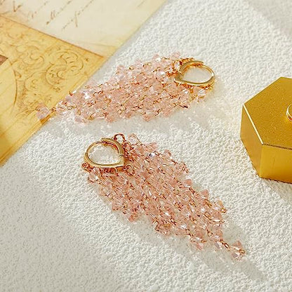 Fringe Hoop Dangle Earrings, Long Beads Tassel Chain Earrings for Women Sparkly Chandelier Earrings - color: Lt Pink
