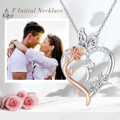 TOUPOP Gifts for Women Her 925 Sterling Silver Rose Heart Initial Necklace Butterfly Heart Jewelry Anniversary Birthday Gifts for Wife Girlfriend Mom - color: F Initial