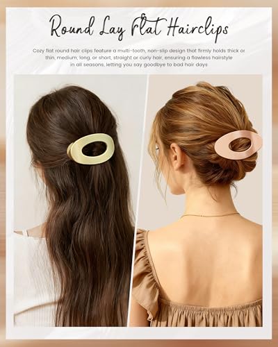 Mesovor 6 Pack Flat Hair Claw Clips, 4.33" Nonslip Round Lay Hair Clips | Strong Hold French Large Flat Hairclips for Lying Down, Yoga, Driving (Neutral Polished) - color: Neutral Polished