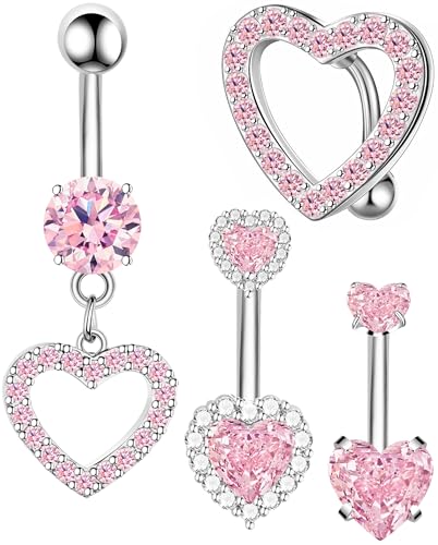 BSJ4U Nipple Ring and Belly Button Ring Set 14G Stainless Steel Sparkly Pink CZ Heart Bar Barbell Nipple Belly Piercing Body Jewelry - style: Dainty