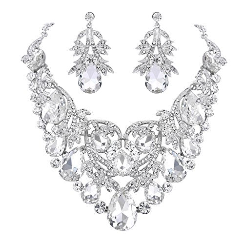 Women's Bohemian Statement Jewelry Set for Bride | Boho Stunning Crystal Teardrop Filigree Leaf Hollow Necklace Dangle Earrings Set for Bridesmaid Bridal Accessories - color: Clear Silver-Tone