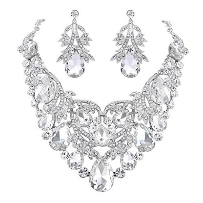 Women's Bohemian Statement Jewelry Set for Bride | Boho Stunning Crystal Teardrop Filigree Leaf Hollow Necklace Dangle Earrings Set for Bridesmaid Bridal Accessories - color: Clear Silver-Tone