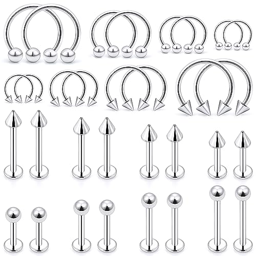Lip Rings 32PCS Labret Jewelry Monroe Lip Barbell Ring Snake Bite Piercing Jewelry 16G Helix Earring Daith Tragus Cartilage Studs Surgical Steel Piercing Jewelry for Women Men - color: 32pcs,16 gauge