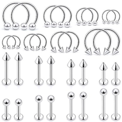 Lip Rings 32PCS Labret Jewelry Monroe Lip Barbell Ring Snake Bite Piercing Jewelry 16G Helix Earring Daith Tragus Cartilage Studs Surgical Steel Piercing Jewelry for Women Men - color: 32pcs,16 gauge