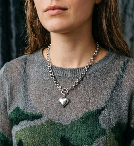 Stainless Steel Puffy Heart Pendant Round Chain Chunky Necklace - size: 18inch