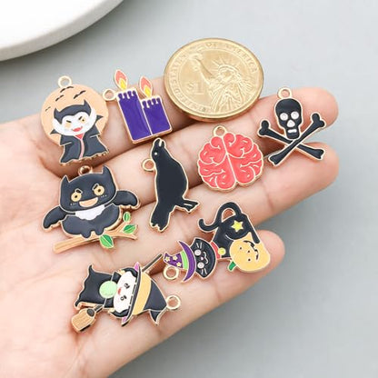 50pcs Enamel Charms for Jewelry Making Wholesale Assorted Mixed Bulk Metal Earring Findings for DIY Necklace Bracelet Keychain and Crafting - style: Halloween Charms
