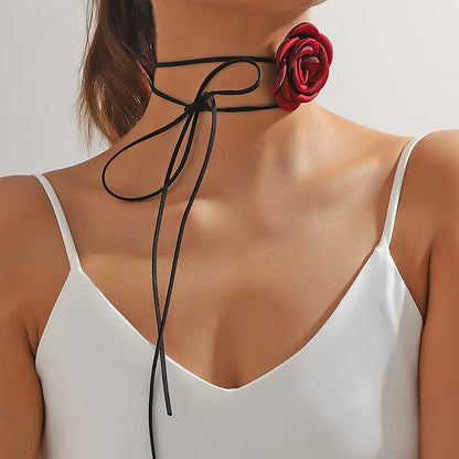 Rose Black Velvet Floral Choker Necklace - Camellia Daisy Rosette - Spring Summer Flower Jewelry - color: Red