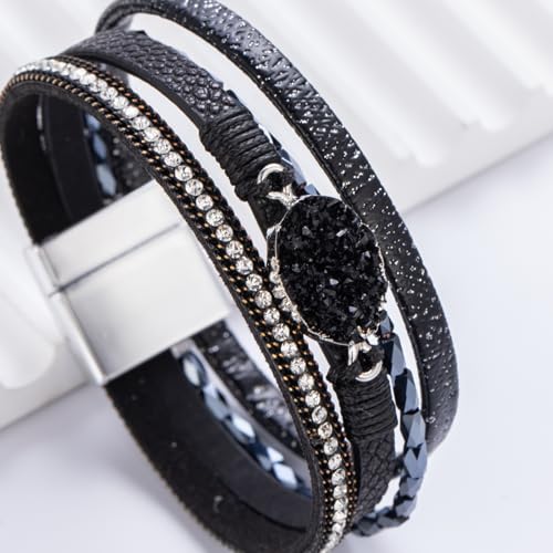 Boho Chunky Leather Wrap Bracelets Stackable Beaded Western Country Jewelry | Crystal Bead Trendy Layered Cuff Magnetic Clasp Stack Bohemian Statement Costume Outfits Cowgirl Fashion Hippie Accessories - color: Black, size: 7.7"