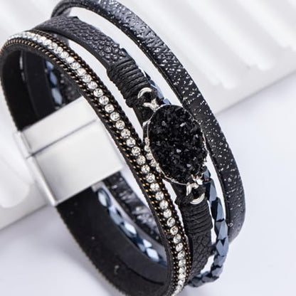 Boho Chunky Leather Wrap Bracelets Stackable Beaded Western Country Jewelry | Crystal Bead Trendy Layered Cuff Magnetic Clasp Stack Bohemian Statement Costume Outfits Cowgirl Fashion Hippie Accessories - color: Black, size: 7.7"