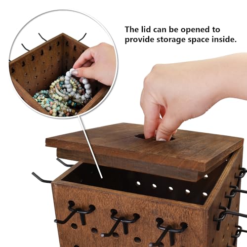 MOOCA Rotating Wooden Jewelry Display with 48 Hooks, Brown | Four-sided rotating wood pegboard with 48 removable hooks and lidded inner storage displays jewelry and accessories. - color: Brown, Square