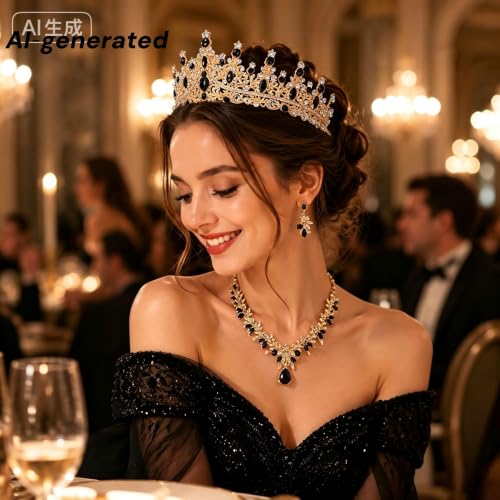 Kamirola Tiaras and Crowns for Women,Tiaras Earrings Necklace, Crystal Bridal Jewelry Set, Costume Jewelry for Women Party Halloween Prom Pageant - color: GOLD BLACK