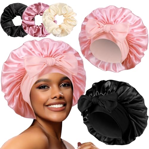 2+3 Large Satin Bonnets with Scrunchies for Women, Hair Bonnet Sleeping Tie Bonnet for Braids Curly Hair - color: C - Black, Blush Pink