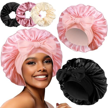 2+3 Large Satin Bonnets with Scrunchies for Women, Hair Bonnet Sleeping Tie Bonnet for Braids Curly Hair - color: C - Black, Blush Pink