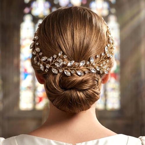 Gold Rhinestone Wedding Hair Vine Bridal Hair Accessories Crystal Hairpieces for Women(Gold) - color: gold