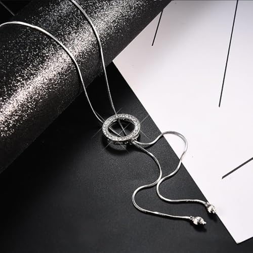 Long Sweater Necklace for Women, Silver Tone Crystal Circle Pendant, Elegant Snake Chain Fashion Jewelry for Dress & Top