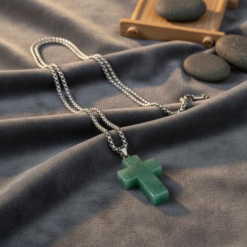 Justinstones 32mm Gemstone Carved Cross Reiki Chakra Pendant With Stainless Steel Necklace 22 Inch - color: Green Aventurine