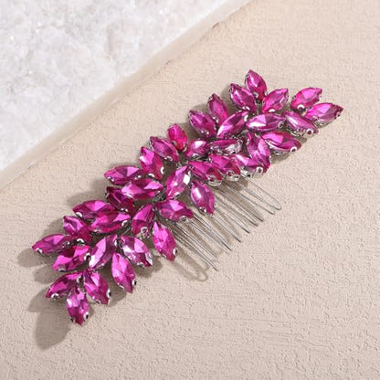 Teyglen Women's Dainty Rhinestone Hair Comb - Luxurious Shiny Bridal Side Comb for Brides and Girls (Rose Red) - color: Rose Red