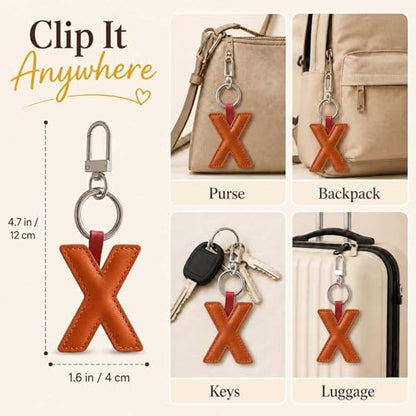Initial Letter Keychain,Stainless Steel,Colorful Faux Leather Keyring for Backpack,Purse,Car Keys,Gift for Men Women - color: X