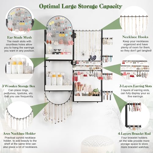 Keebofly Wall Mount Hanging Jewelry Organizer - Large Display Holder for Earrings, Rings, Necklaces, Bracelets, Watches and Perfume - White - color: White