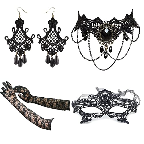 YANCHUN Halloween Gothic Jewelry Set Vampire Accessories Black Choker Necklace Bracelet Earrings Set Witch Cosplay Halloween Costume Accessories - color: Black