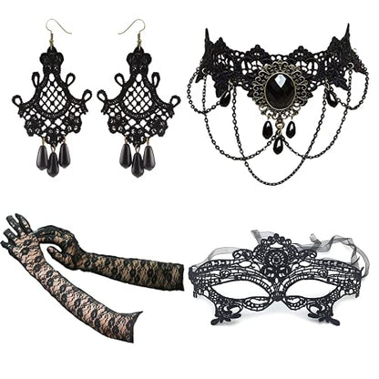 YANCHUN Halloween Gothic Jewelry Set Vampire Accessories Black Choker Necklace Bracelet Earrings Set Witch Cosplay Halloween Costume Accessories - color: Black