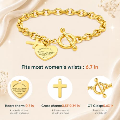 Gamtic Personalized Charm Bracelet for Women, Gold Bracelet with Cross Heart Charms, Bible Verse Christian Bracelet, Custom Engraved Stainless Steel Ot Clasp Bracelet, Faith Gifts Jewelry for Her - color: Proverbs 4:23 / Custom Back