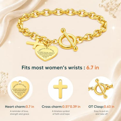 Gamtic Personalized Charm Bracelet for Women, Gold Bracelet with Cross Heart Charms, Bible Verse Christian Bracelet, Custom Engraved Stainless Steel Ot Clasp Bracelet, Faith Gifts Jewelry for Her - color: Proverbs 4:23 / Custom Back
