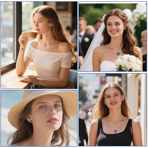 Butterfly Jewelry Set, Including Butterfly Necklace, Bracelet, Stud Earrings, and Adjustable Ring for Women - color: Blue
