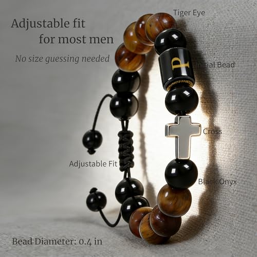 Initial Mens Bracelet with Cross - Religious Faith Beaded Bracelt Gift for Him Man Male Friend, Adjustable Tiger Eye Black Onyx Beads Braclet for Birthday Confirmation Sponsor Anniversary - color: Braided Rope-P