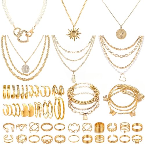 Stocking Stuffers Gold plate and Silver Plated Jewelry Sets Stocking Stuffers for Women Costume Jewelry Chain Necklace Bracelet Earrings and Rings Sets for Women Bulk Jewelry - color: JJ110Hgoldplate