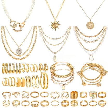 Stocking Stuffers Gold plate and Silver Plated Jewelry Sets Stocking Stuffers for Women Costume Jewelry Chain Necklace Bracelet Earrings and Rings Sets for Women Bulk Jewelry - color: JJ110Hgoldplate