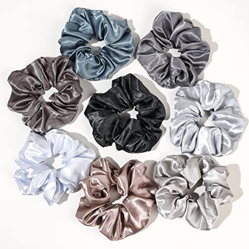 Scrunchies for Women Satin Hair Scrunchies for Girls Big Satin Silk Scrunchies for Thick Curly Hair Bands for Women's Hair Ponytail Holders Cute Pony Tails No Crease Hair Ties No Damage - color: Blue Gray