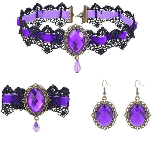 Gothic Lace Choker Necklace Earrings Bracelet Set for Women Black Lace Necklace Vintage Victorian Red Crystal Pendant Necklaces Vampire Jewelry Set Halloween Costume Party Cosplay Jewelry Accessories - color: Purple
