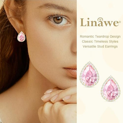 Linawe Women Stud Earrings, Teardrop Diamond Moissanite Cubic Zirconia Earrings Studs Rhinestone Jewelry Gold/Silver/Rose Gold - color: Gold,June,Oct