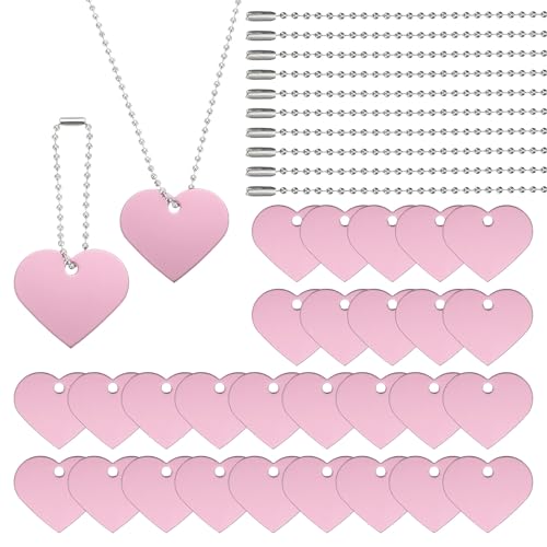 PATIKIL 60 Pcs Blank Dog Tags Set, Including 30 Pcs Aluminum Metal Stamping Heart Shape Label 30 Pcs Ball Steel Chain for DIY Decor Laser Engraving Necklace, Pink - color: Pink