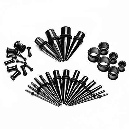 vcmart 14G-00G 36 pcs Ear Gauges Stretching Kit Tapers Plugs Eyelets Implant Grade Steel - color: Black