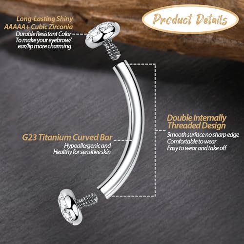 GAGABODY G23 Titanium Eyebrow Piercing Jewelry Curved Barbell Lip Ring | Internal Thread Used in Eyebrow,Belly,Rook 16 Gauge from 6mm to 12mm Lightweight Daily for Woman and Man Sensitive Skin - color: 1Pc-Disc Shape Silver+Clear CZ, size: 16G-8mm